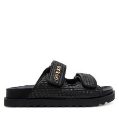 Klapki Guess. Czarne klapki damskie Guess, z aplikacjami, bez obcasa. Za 339.99 zł.