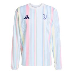 Długi rękaw koszulka przedmeczowa Juventus Turyn 2025/26. Białe koszulki sportowe męskie Adidas, bez wzorów, bez kołnierzyka, bez ramiączek, do piłki nożnej. W wyprzedaży za 409.50 zł.