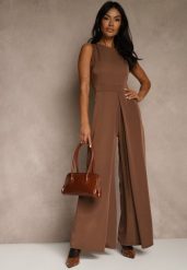 Brązowy Taliowany Kombinezon Ozdobiony Zakładkami Berinola. Brązowe sukienki damskie Renee, na imprezę, l, bez wzorów, eleganckie, bez kołnierzyka, bez ramiączek, oversize. Za 149.99 zł.