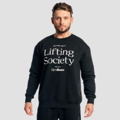Bluza męska fitness bez kaptura oversize czarna Lifting Society. Czarne bluzy sportowe męskie GYMBEAM, m, bez wzorów, z bawełny, bez kaptura, na fitness i siłownię. Za 123.90 zł.