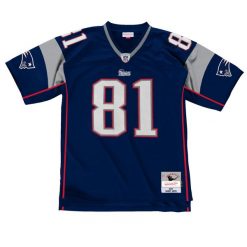 Koszulka NFL New England Patriots Randy Moss. Niebieskie koszulki sportowe męskie Mitchell & Ness, bez wzorów, bez kołnierzyka, bez ramiączek, do piłki nożnej. Za 676.50 zł.