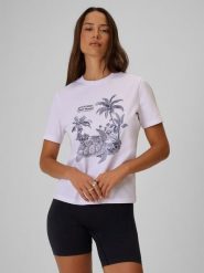 4F T-shirt relaxed z nadrukiem damski - biały M. Białe koszulki sportowe damskie 4f, m, bez wzorów, z bawełny, bez kołnierzyka, bez ramiączek. Za 59.99 zł.