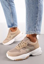Ciemnobeżowe Sneakersy na Grubej Podeszwie z Brokatowymi Wstawkami Adilah. Brązowe obuwie sportowe damskie Renee, bez wzorów. Za 99.99 zł.