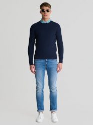 Sweter męski o teksturalnym splocie bawełniany granatowy Reylon 403. Niebieskie swetry przez głowę męskie Big Star, l, bez wzorów, z bawełny, bez kołnierzyka. Za 199.99 zł.
