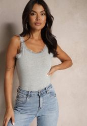 Ciemnoszary Bawełniany Top z Ozdobną Koronką Ariseth. Szare bluzki damskie Renee, l, bez wzorów, z bawełny, eleganckie, bez kołnierzyka, bez ramiączek. Za 14.99 zł.