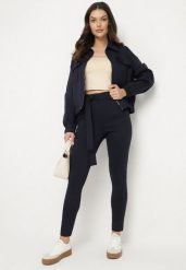 Granatowy Komplet Dresowy z Wiskozą Bluza z Kołnierzykiem i Spodnie Katirienne. Niebieskie bluzy damskie Born2be, l, bez wzorów, z dresówki, bez kaptura. Za 209.99 zł.