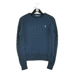 Second life - Męski sweter w granatowym odcieniu z splotem kablowym - Jak nowy. Niebieskie buty sportowe męskie Ralph Lauren, ze splotem, bez zapięcia, na golfa. Za 212.96 zł.