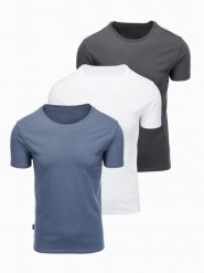 Zestaw bawełnianych koszulek męskich BASIC z okrągłym dekoltem – biały/grafitowy/niebieski denim V8 - Rozmiar: XXL. Szare t-shirty męskie Ombre Clothing, m, bez wzorów, z bawełny, biznesowe, bez kołnierzyka. Za 169.99 zł.