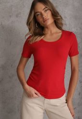 Czerwony T-shirt w Prążki z Marszczeniami po Bokach Nedala. Czerwone t-shirty i topy dla dziewczynek Renee, bez wzorów, bez ramiączek. Za 44.99 zł.
