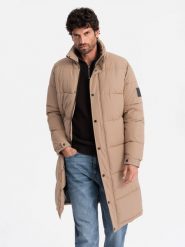 Pikowana długa kurtka męska z odpinanym kapturem – beżowa V2 OM-JALJ-0190 - XXL. Brązowe kurtki męskie Ombre Clothing, l, z aplikacjami, z gumy, z kapturem. W wyprzedaży za 199.99 zł.