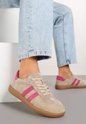 Beżowo-Różowe Płaskie Sneakersy z Wkładką ze Skóry Naturalnej Ozdobione Paskami Neladria. Brązowe obuwie sportowe damskie Renee, bez wzorów, z jeansu, tenisowe. Za 169.99 zł.