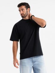 Bawełniany męski t-shirt LOOSE FIT z okrągłym dekoltem – czarny V1 - Rozmiar: L. Czarne t-shirty męskie Ombre Clothing, l, bez wzorów, z bawełny, casualowe, bez kołnierzyka. W wyprzedaży za 39.99 zł.