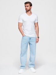 Sygnowany męski t-shirt V-neck z elastanem – biały V1 - Rozmiar: S. Białe t-shirty męskie Ombre Clothing, m, bez wzorów, z bawełny, eleganckie, bez kołnierzyka. W wyprzedaży za 39.99 zł.