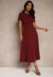 Bordowa Sukienka o Rozkloszowanym Kroju z Ozdobnym Paskiem Desiliena. Czerwone sukienki damskie Renee, na spotkanie biznesowe, s, bez wzorów, z denimu, eleganckie, bez kołnierzyka, bez ramiączek, maxi, kopertowe. Za 99.99 zł.