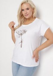 Biały Bawełniany T-shirt z Kwiatowym Wzorem i Cyrkoniami Rohna. Białe bluzki damskie Born2be, uniwersalny, z aplikacjami, z bawełny, klasyczne, bez kołnierzyka. Za 34.99 zł.