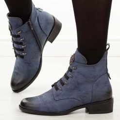 Niebieskie płaskie botki damskie Jezzi asa198-21. Niebieskie botki damskie Jezzi, na jesień, z materiału, eleganckie, z okrągłym noskiem, bez obcasa, na obcasie, bez zapięcia. Za 239.00 zł.