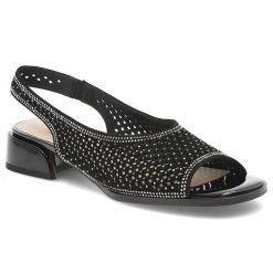 Sandały damskie S.Barski, skóra naturalna ażurowa cholewka fason slingback elastyczny pasek niski stabilny obcas połyskujące zdobienia, czarne, CR61-. Czarne paski damskie S.BARSKI, z aplikacjami, ze skóry. Za 289.00 zł.