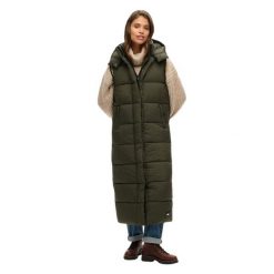 Damska długa kurtka puchowa bez rękawów z kapturem Superdry Ripstop. Zielone kurtki damskie Superdry., bez wzorów, z puchu, z kapturem. W wyprzedaży za 590.50 zł.