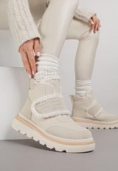 Beżowe Śniegowce Ozdobione Futerkiem i Przeszyciami Newelara. Brązowe śniegowce i trapery damskie Renee, z jeansu. Za 109.99 zł.