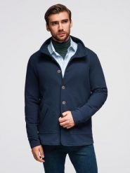 Bluza męska zapinana na guziki ze stójką – granatowa V4 - Rozmiar: XXL. Niebieskie bluzy męskie Ombre Clothing, m, bez wzorów, z bawełny, bez kaptura. Za 209.99 zł.