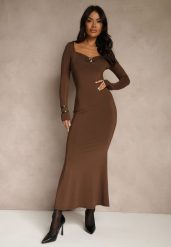 Brązowa Sukienka Koktajlowa z Wiskozą i Metaliczną Klamrą przy Dekolcie Refire. Brązowe sukienki dla dziewczynek Renee, bez wzorów, z wiskozy, eleganckie, bez ramiączek, długie. Za 139.99 zł.