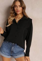 Czarna Koszula z Kołnierzem i Przeszyciami Emoree. Czarne bluzki damskie Renee, bez wzorów, eleganckie, bez kołnierzyka, bez ramiączek. Za 79.99 zł.