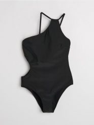 Strój kąpielowy jednoczęściowy na jedno ramię z wycięciem - czarny. Czarne kostiumy jednoczęściowe damskie Sinsay, l, bez wzorów. Za 59.99 zł.