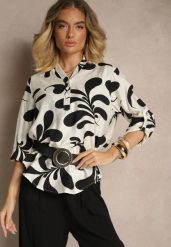 Czarna Wiskozowa Bluzka o Koszulowym Kroju z Dekoltem w Serek w Roślinny Print Kolaniria. Czarne bluzki damskie Renee, m, bez wzorów, z jeansu, eleganckie, bez kołnierzyka, bez ramiączek. Za 59.99 zł.