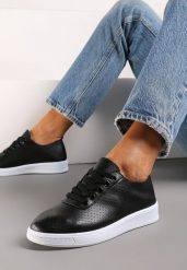 Czarne Sznurowane Tenisówki przed Kostkę Ozdobione Perforacją Hlero. Czarne obuwie sportowe damskie Renee, bez wzorów, sportowe, przed kostkę, bez zapięcia. Za 49.99 zł.