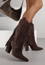 Brązowe Botki Kowbojki na Słupku Ozdobione Frędzlami Reikka. Brązowe botki damskie Renee, z jeansu, bez obcasa, na obcasie, bez zapięcia. Za 179.99 zł.