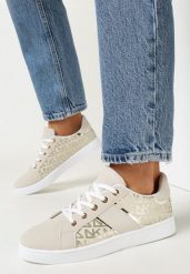 Beżowo-Złote Sneakersy z Nadrukiem Mindi. Brązowe obuwie sportowe damskie Born2be, bez wzorów. Za 79.99 zł.