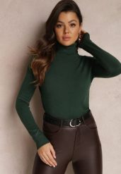 Ciemnozielony Golf Dopasowany Ungase. Zielone swetry damskie Renee, na jesień, bez wzorów, z jeansu, bez kołnierzyka, bez ramiączek, długie, bez kaptura. Za 39.99 zł.