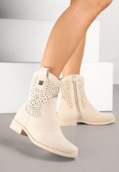 Beżowe Botki w Stylu Kowbojek z Ażurowymi Wycięciami Efadriana. Brązowe botki damskie Born2be, bez obcasa, na płaskiej podeszwie, bez zapięcia. Za 109.99 zł.