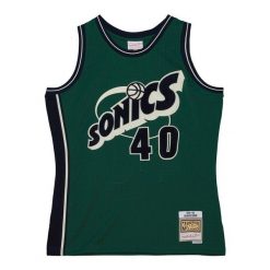 Dżersej szenilowy Seattle Supersonics Swingman 1995/96. Zielone koszulki sportowe męskie Mitchell & Ness, bez wzorów, z dżerseju, bez kołnierzyka, bez ramiączek, do koszykówki. Za 612.50 zł.