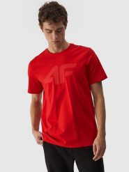 4F T-shirt regular z nadrukiem męski - czerwony XL. Czerwone koszulki sportowe męskie 4f, m, bez wzorów, z bawełny, bez kołnierzyka, bez ramiączek. Za 59.99 zł.