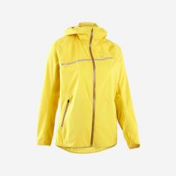 Kurtka do biegania w terenie przeciwdeszczowa damska Kiprun Run 500 Rain. Żółte kurtki damskie KIPRUN, m, bez wzorów, z materiału, bez kaptura. W wyprzedaży za 199.99 zł.