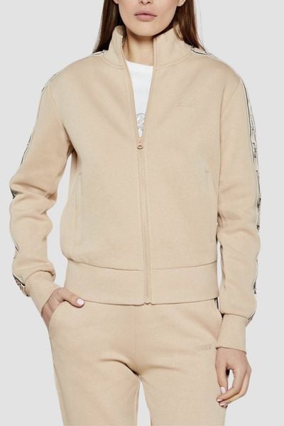 GUESS Beżowa bluza damska z lampasami Britney, Rozmiar S. Brązowe bluzy damskie Guess, s, z aplikacjami, bez kaptura. W wyprzedaży za 212.99 zł.