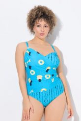 Damski Strój kąpielowy w kopertowym stylu pływaczki miękkie miseczki. Niebieskie kostiumy jednoczęściowe damskie Ulla Popken, plus size, bez wzorów, z elastanu, plus size, do pływania. Za 233.99 zł.