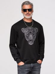 Bluza męska ze srebrno-czarną aplikacją pantery na klatce piersiowej z okrągłym dekoltem - czarna V1 - Rozmiar: L. Czarne bluzy męskie Ombre Clothing, l, z aplikacjami, z dzianiny, bez kaptura. Za 425.99 zł.