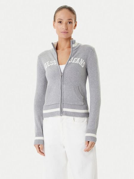 Guess Jeans Kardigan W5YR31 Z3HM1 Szary Regular Fit. Szare kardigany damskie Guess Jeans, l, z aplikacjami, z bawełny, bez kołnierzyka, bez ramiączek, bez kaptura. Za 259.99 zł.