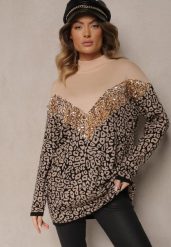 Beżowy Sweter z Wiskozą w Panterkę z Ozdobnymi Cekinami Firimi. Brązowe swetry damskie Renee, z aplikacjami, z wiskozy, casualowe, bez kołnierzyka, bez ramiączek, bez kaptura. Za 149.99 zł.