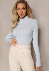 Niebieski Klasyczny Golf z Prążkowanego Materiału Belikorre. Niebieskie swetry damskie Renee, m, bez wzorów, z jeansu, eleganckie, bez kołnierzyka, bez ramiączek, bez kaptura. Za 54.99 zł.