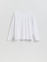 Bawełniany longsleeve - biały. Białe bluzki z długim rękawem męskie Reserved, l, bez wzorów, z bawełny, bez kołnierzyka. Za 79.99 zł.