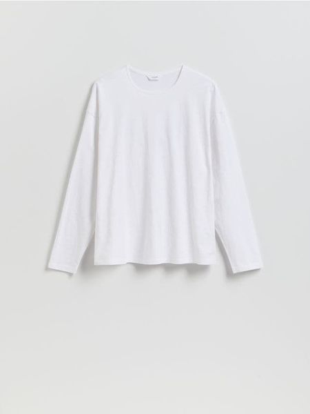 Bawełniany longsleeve - biały. Białe bluzki z długim rękawem męskie Reserved, l, bez wzorów, z bawełny, bez kołnierzyka. W wyprzedaży za 49.99 zł.