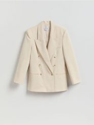 Dwurzędowa marynarka oversize - beżowy. Brązowe żakiety damskie Reserved, l, bez wzorów, z tkaniny. Za 279.99 zł.