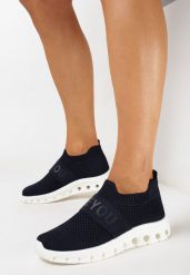 Granatowe Buty Sportowe ze Skarpetkową Cholewką i Napisem Thirllas. Niebieskie obuwie sportowe damskie Born2be, bez wzorów. Za 54.99 zł.