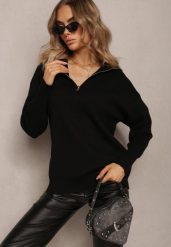 Czarny Golf w Stylu Sweterkowym z Zamkiem na Dekolcie Davinde. Czarne swetry damskie Renee, m, bez wzorów, z tkaniny, casualowe, bez kołnierzyka, bez ramiączek, bez kaptura. Za 79.99 zł.