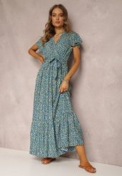 Niebieska Sukienka Hypsolis. Niebieskie sukienki damskie Renee, s, z aplikacjami, z materiału, bez kołnierzyka, bez ramiączek, maxi, kopertowe. Za 54.99 zł.