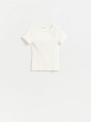 T-shirt z wiskozą - biały. Białe t-shirty damskie Reserved, l, bez wzorów, z bawełny, bez kołnierzyka. Za 49.99 zł.