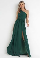 Zielona Sukienka Maxi Na Jedno Ramię z Rozcięciem na Dole Jasminta. Zielone sukienki damskie Born2be, na imprezę, m, bez wzorów, eleganckie, z asymetrycznym kołnierzem, bez ramiączek, maxi, asymetryczne. Za 159.99 zł.